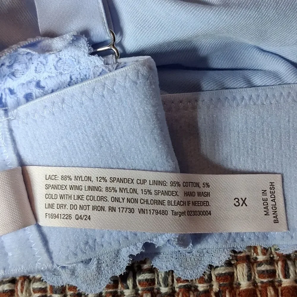 Auden Light Blue Lace All Day Comfort Wirefree Bralette 3X New With Tags - Picture 4 of 7